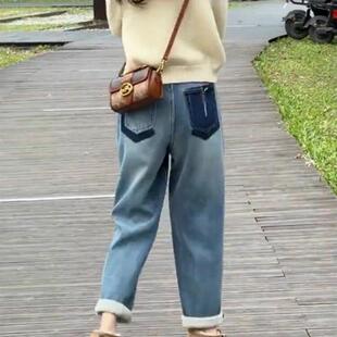 胖mm梨型身材显瘦老爹裤 大码 子 女秋冬新款 加绒加厚哈伦萝卜牛仔裤