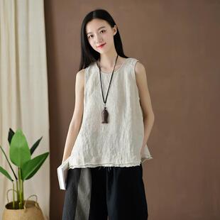 2026春夏新款 文艺复古亚麻毛边吊带上衣女士打底小背心 棉麻女装