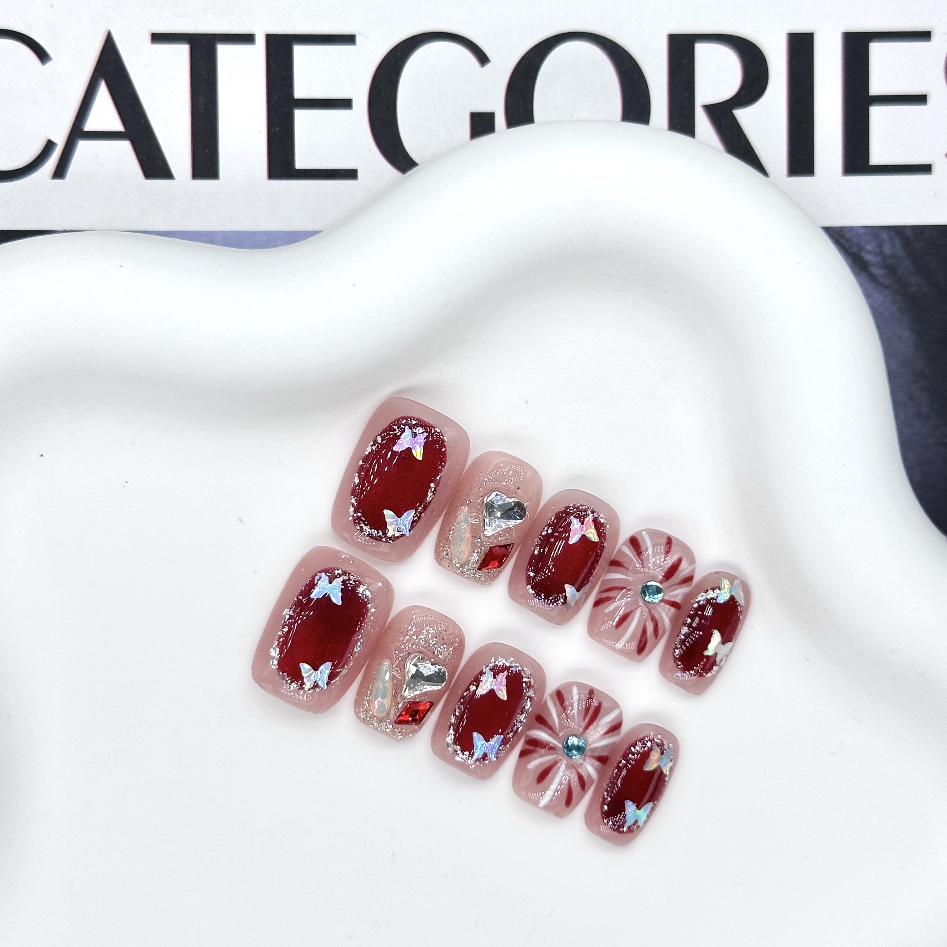 【烟花易冷】新年款红色猫眼手绘烟花显白过年氛围感显白穿戴甲