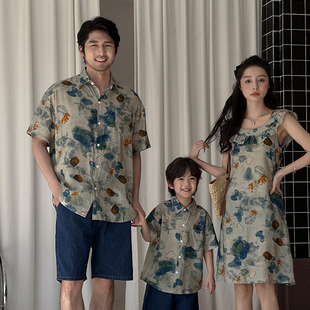 炸街亲子装一家三四口夏季薄款碎花衬衫洋气时髦宽松母女装连衣裙