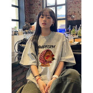 重磅精梳纯棉230克新款 T恤女 bm港味宽松百搭上衣chic卡通印花短袖