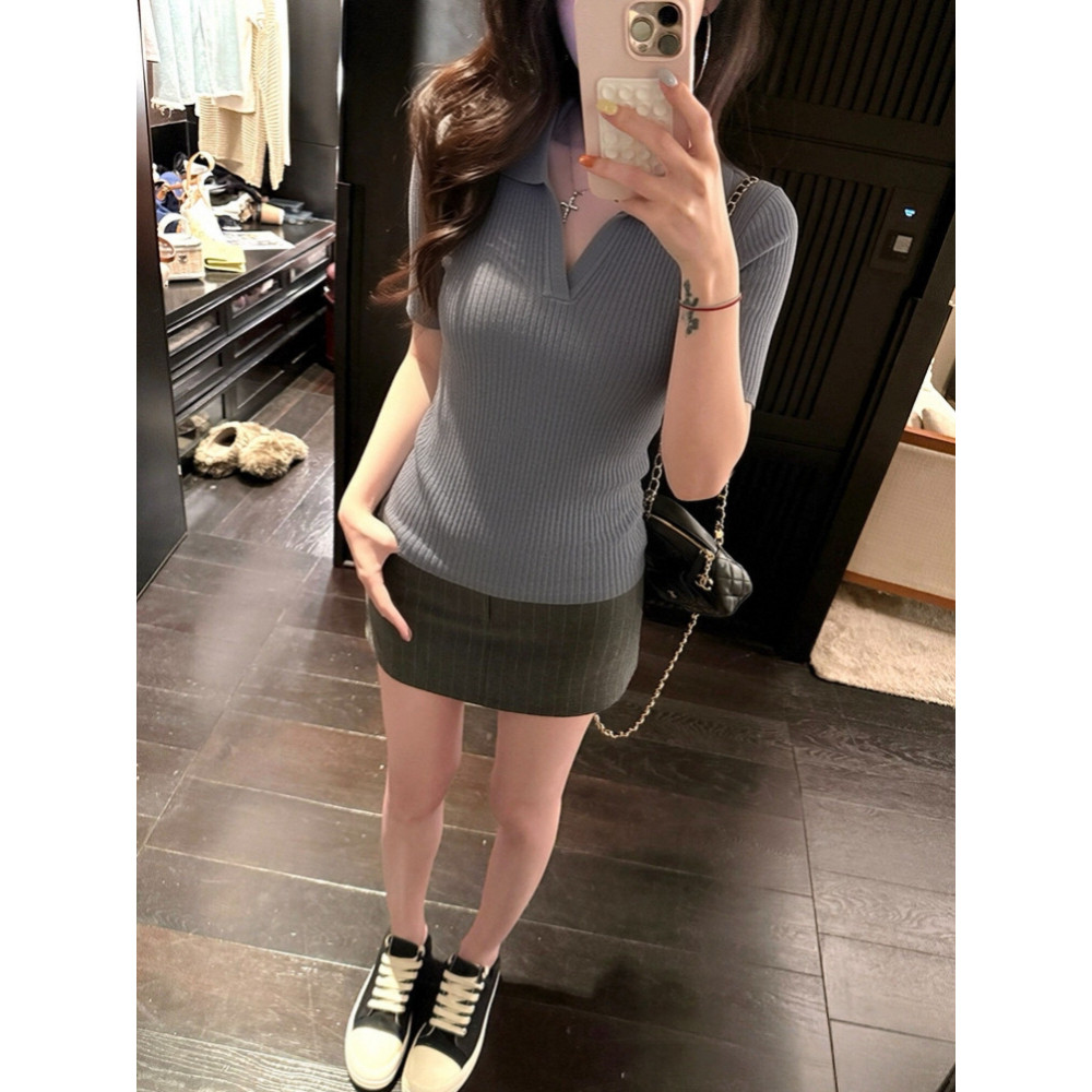 法式灰色翻领POLO衫针织体恤女夏季修身v领冰丝正肩短袖T恤上衣薄