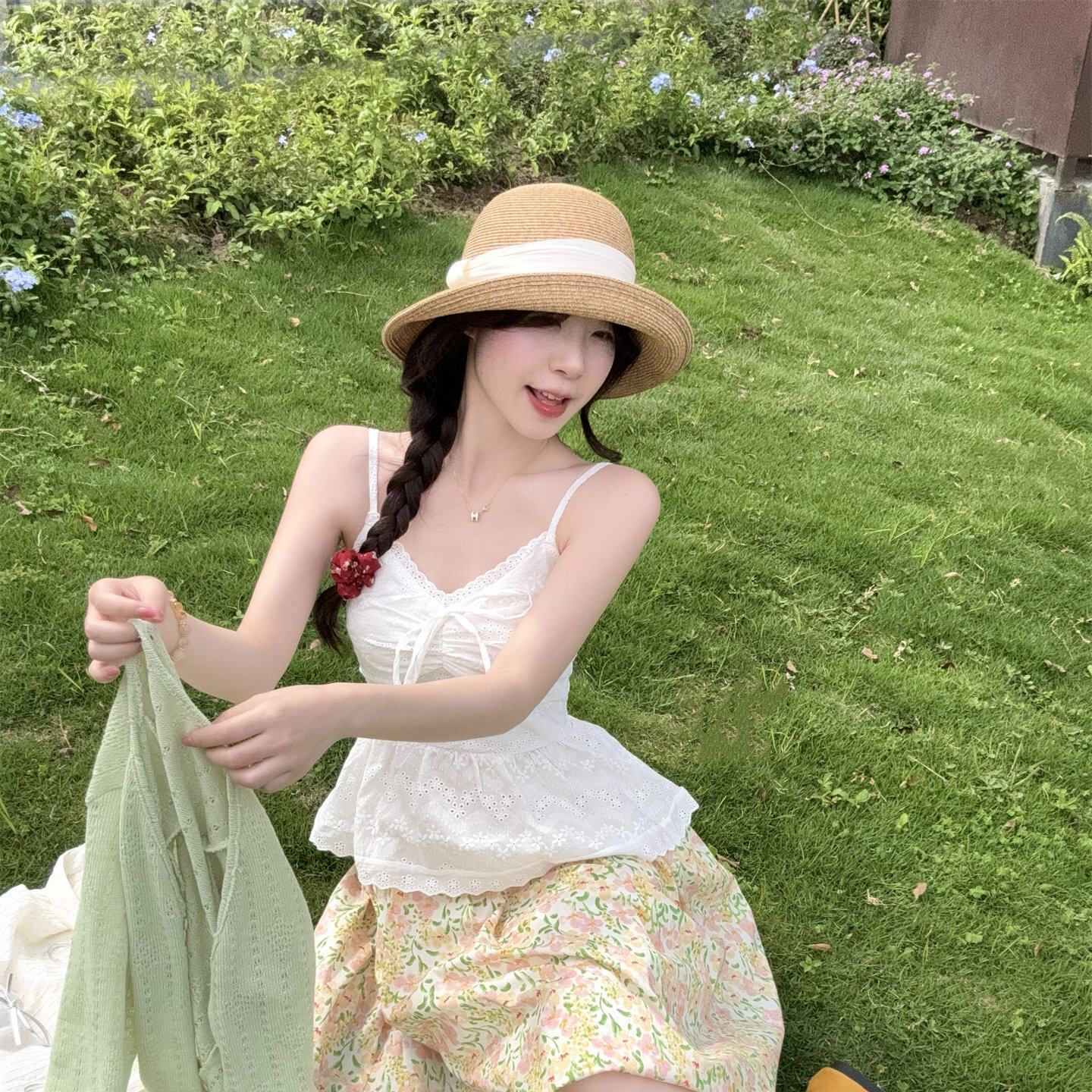 实拍实价甜美软糯针织开衫蕾丝镂空蝴蝶结吊带碎花半身裙套装