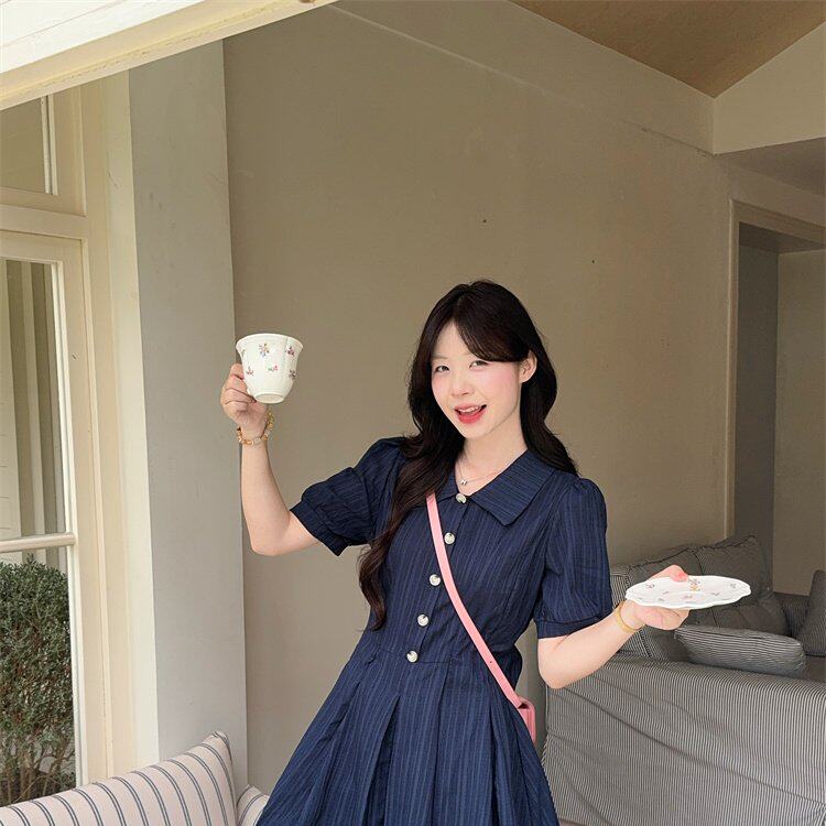 实拍 学院风泡泡袖衬衫连衣裙胖MM夏季气质收腰甜美短裙套装