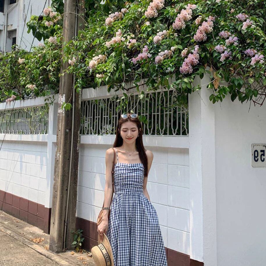 优质质量  格子抹胸裙一字肩连衣裙女夏季法式收腰海边度假长裙子