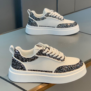 2025秋季 系带烫钻亮面休闲鞋 新款 网面透气小白鞋 低帮厚底板鞋 男鞋