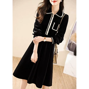 赫本风高贵洋气黑色复古拼接衬衫 日系丝绒连衣裙2023年新款 春季 裙
