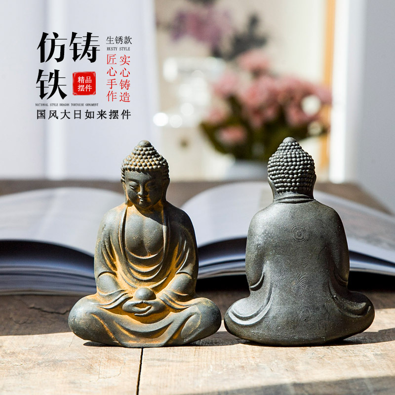 中式国风大日如来佛像原创仿铸铁铁器复古镇纸小摆件书镇禅意