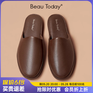 BeauToday真皮拖鞋 牛皮居家防滑舒适羊皮包头外穿家用软皮 男士