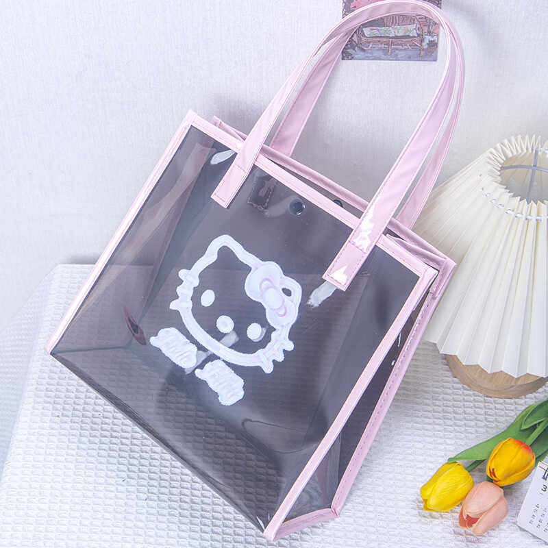 梦幻hollekitty黑色卡通大容量防水透明手提礼品袋高档通勤收纳袋