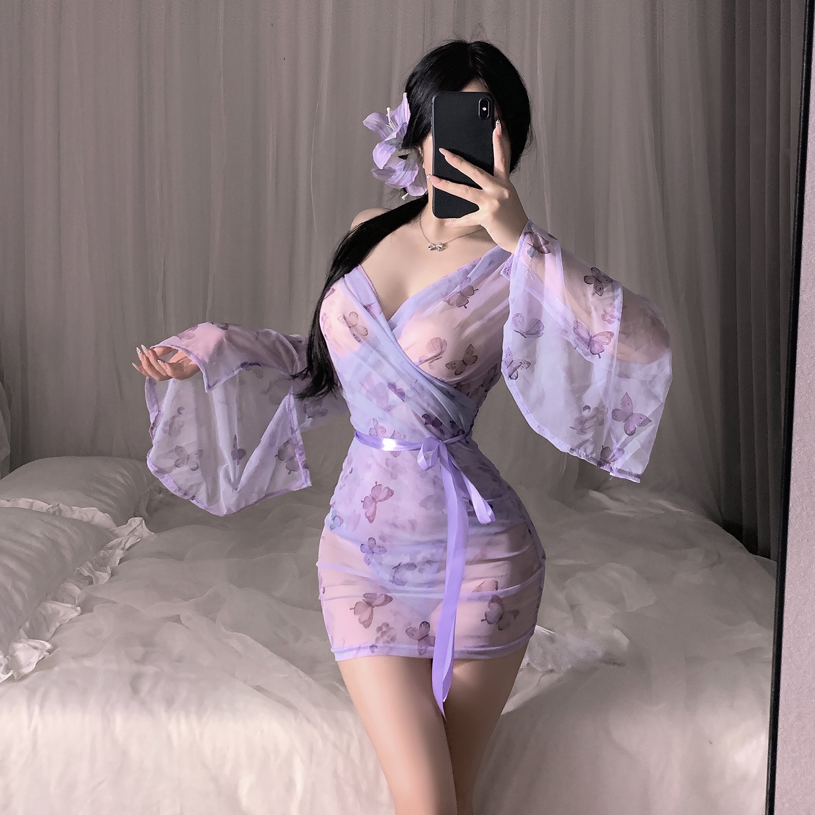 私房纯欲日式蝴蝶印花开襟和服性感薄纱透视家居服甜美和风浴袍女