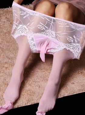 男士大码伪娘丝袜带jj套cd透明变装夜店女装大佬蕾丝超薄连裤袜女