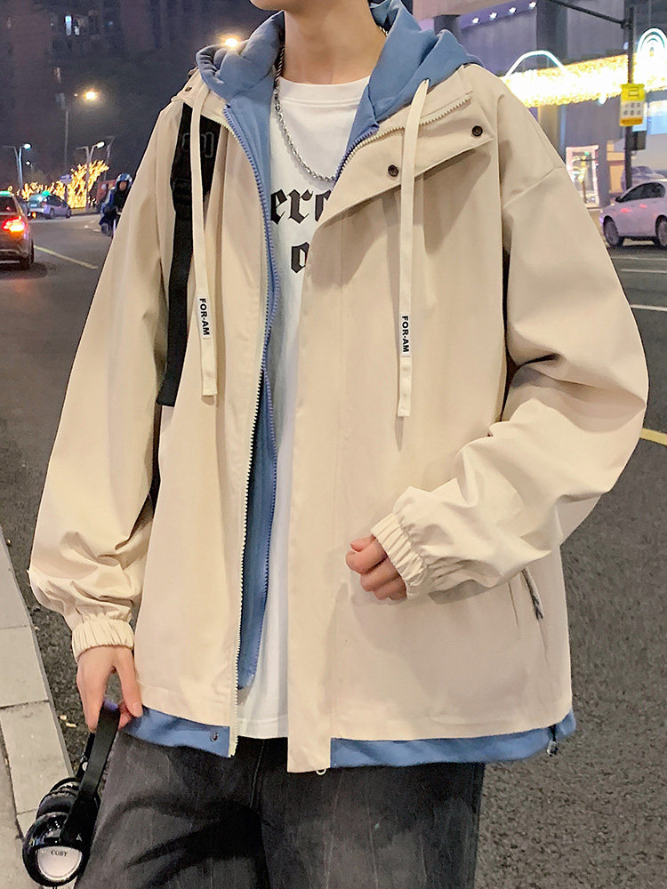 男士外套春秋冬季2023新款假两件加厚宽松夹克工装潮牌痞帅冲锋衣