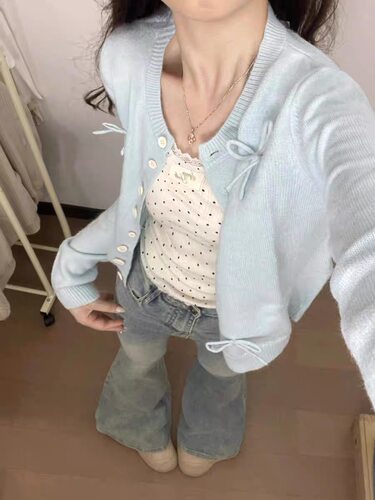 The sun in the snow薄荷绿针织开衫女蝴蝶结外套上衣