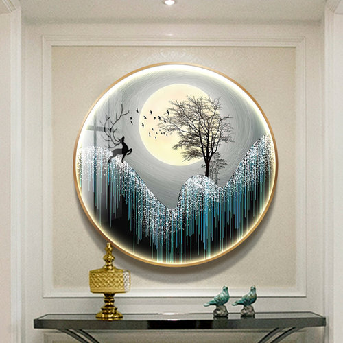 带灯圆形晶瓷发光新中式风装饰画