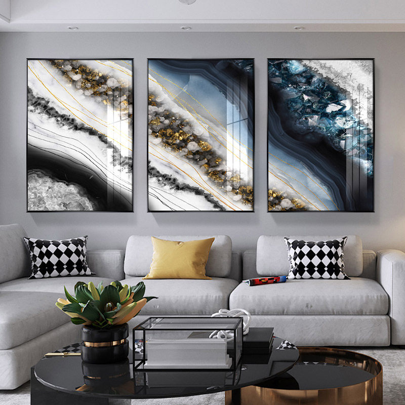 镶钻 新款晶瓷晶钻三联画烤瓷轻奢装饰画水晶钻石客厅现代挂画