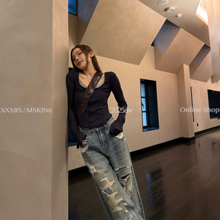 百搭 女100%棉小方领花边U型剪裁显瘦修身 MSKIN6早秋长袖 打底衫