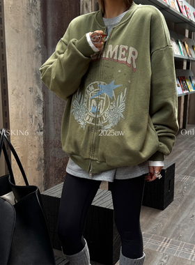 MSKIN6秋冬新款立领卫衣外套女宽松棒球服复古做旧印花显瘦