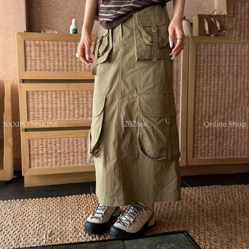 春夏新款工装半身裙女高腰多口袋