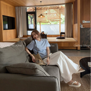 MSKIN6露背抽绳绑带短袖T恤女夏韩系显瘦后开叉纯棉宽松蓝白两色