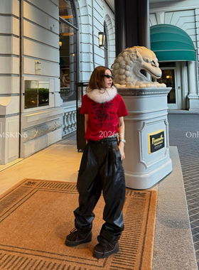 MSKIN6早春新款休闲直筒皮裤女高腰阔腿显瘦百搭PU哑光宽松长裤