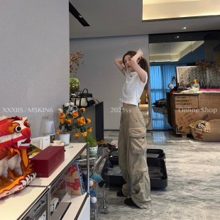 女高腰可拆卸七分裤 裤 宽松显瘦小个子复古多穿法 工装 夏季