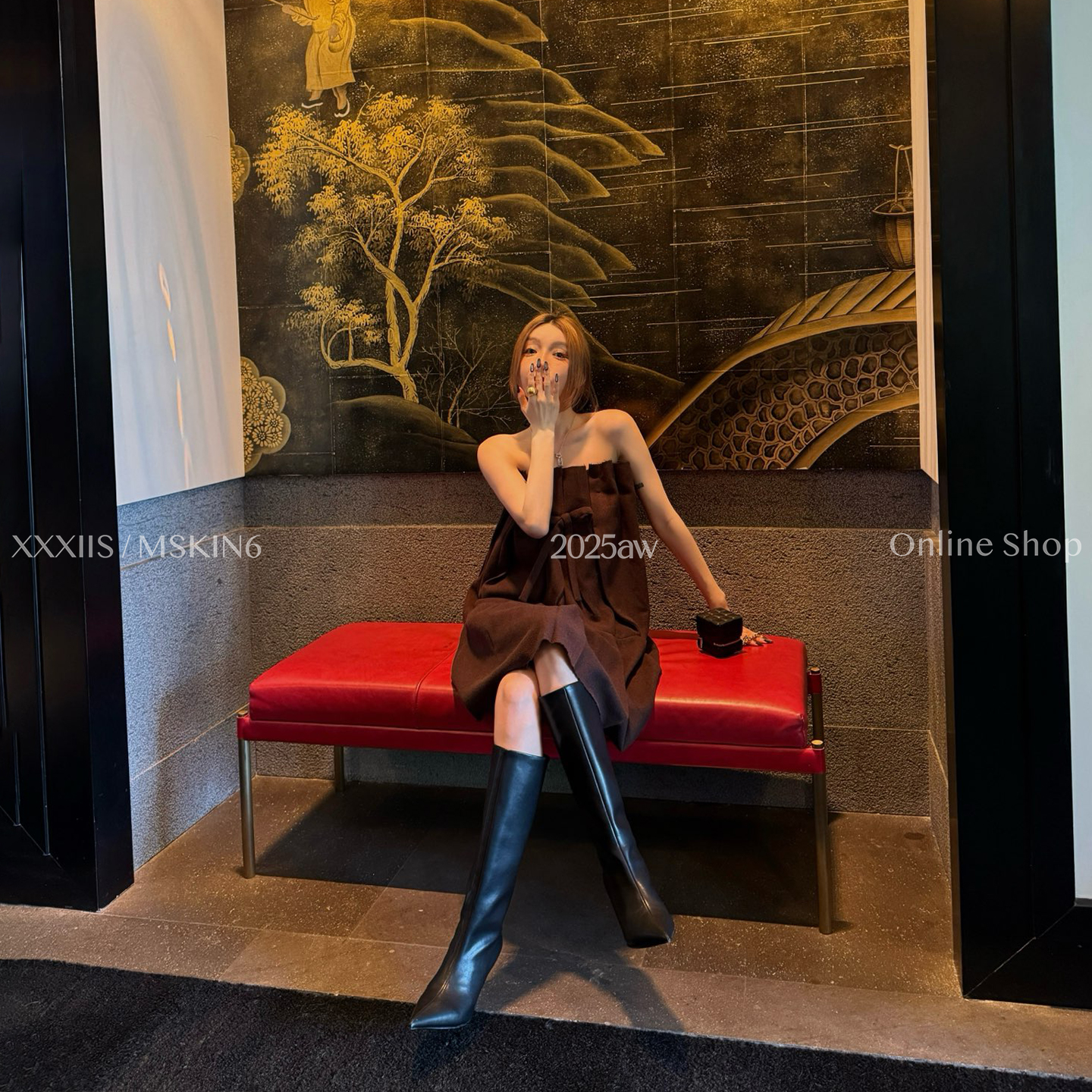 MSKIN6秋冬蝴蝶结连衣裙女复古显瘦高腰大摆长裙多种穿法定制面料