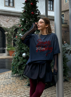 MSKIN6圣诞红丝线字母假两件上衣女冬季新款宽松打底棉100%棉