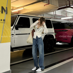 MSKIN6高腰牛仔裤女秋冬显瘦提臀复古直筒100%棉小个子微收脚