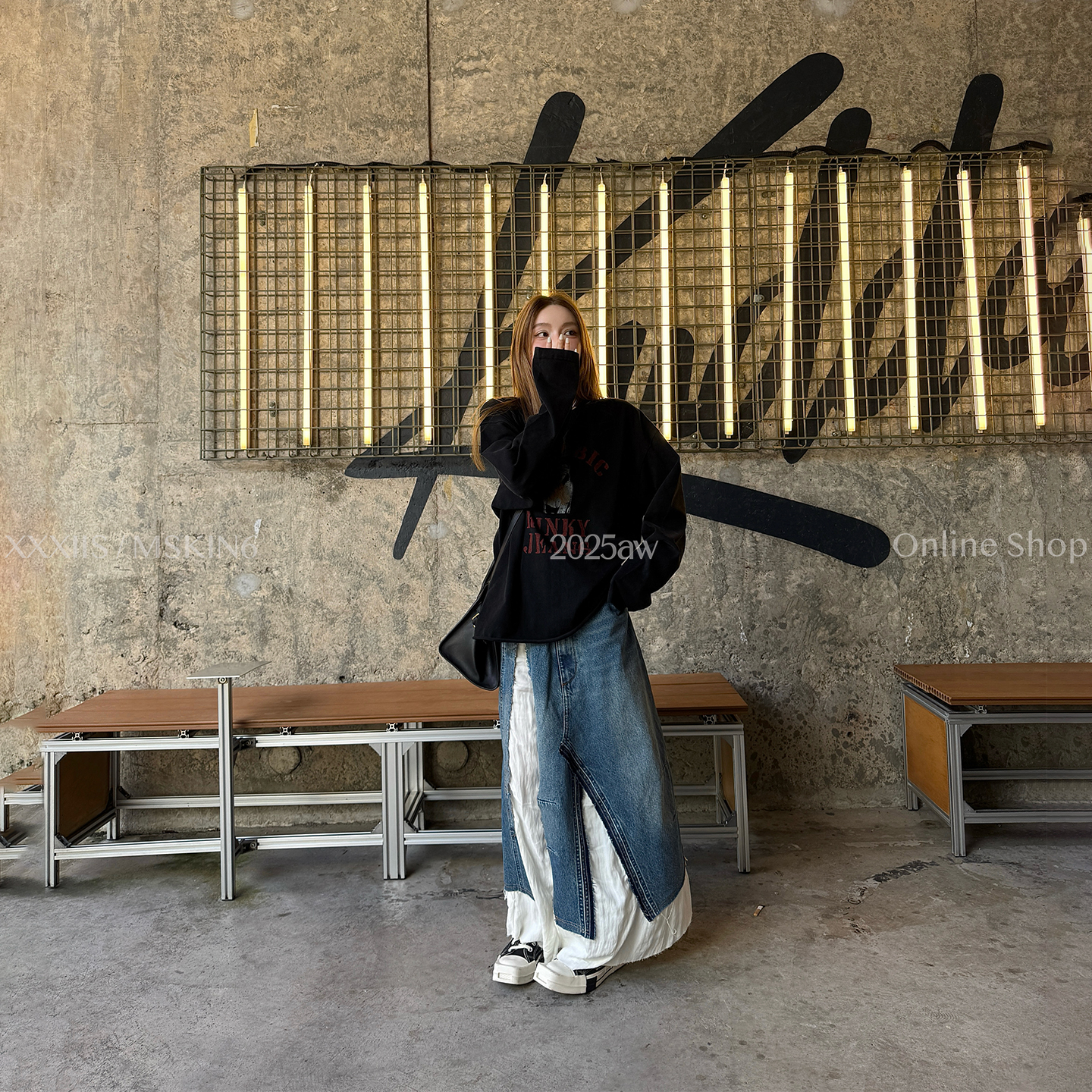 早秋重工拼接牛仔半裙高腰显腿长