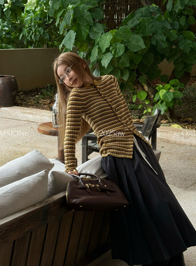 MSKIN6冬季撞色条纹羊毛开衫女修身显瘦显白百搭内搭大衣