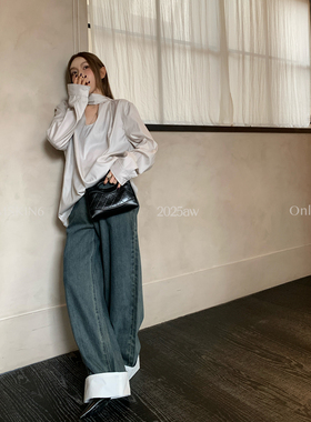 MSKIN6早秋翻边复古洗水牛仔裤女高腰宽松直筒显瘦纯棉百搭长裤