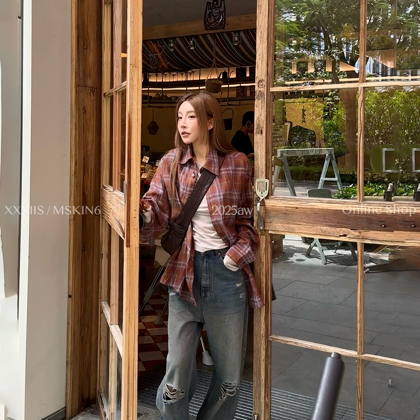 早秋亚麻衬衫女宽松格子百搭潮人