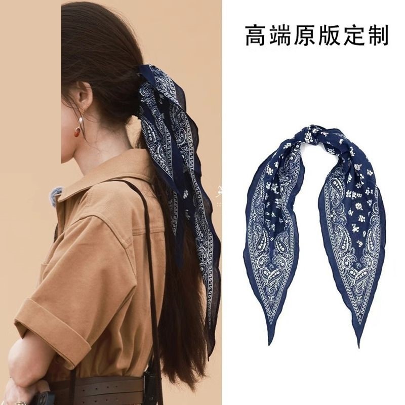 藏蓝色腰果花丝巾发带女日常外戴