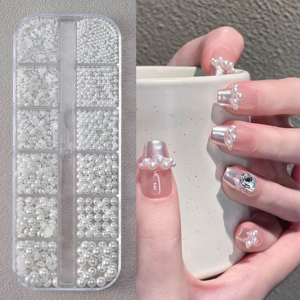 美甲饰品高亮珍珠钢珠大小混装12格分装饰品立体白色雪花指甲配饰
