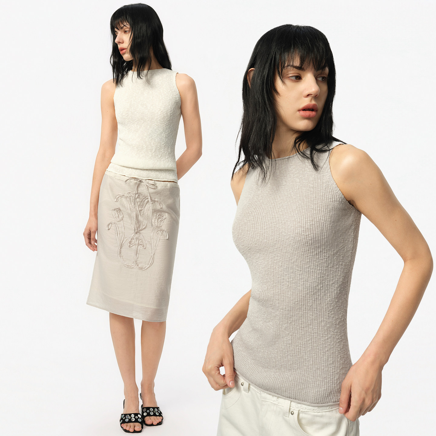 INTERRIS 棉结感 半高领 螺纹卷边无袖背心 复古修身上衣