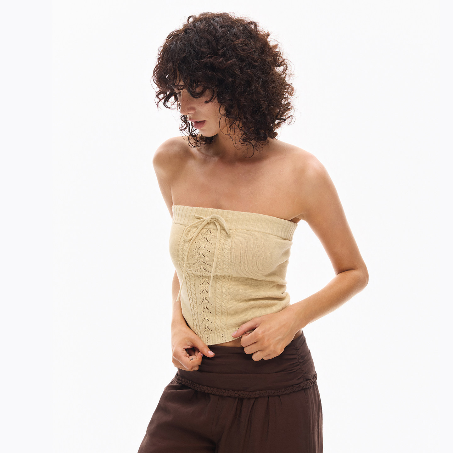 INTERRIS 亚麻棉莱赛尔夏日镂空提花针织抹胸上衣