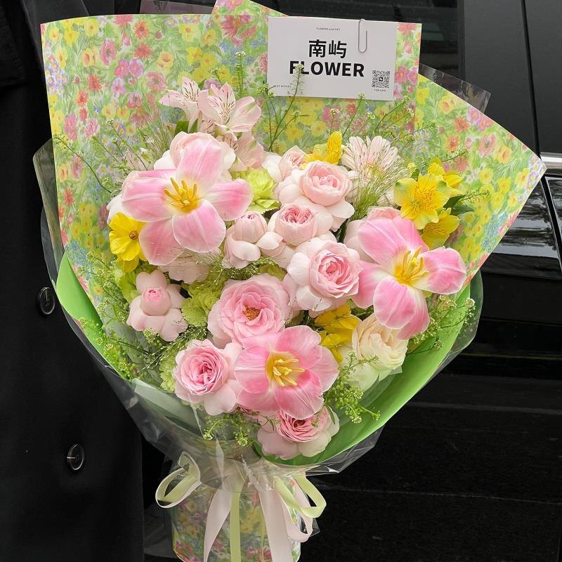 油菜花印花雪梨纸碎花内衬手揉纸春日包装鲜花束手工diy花艺材料