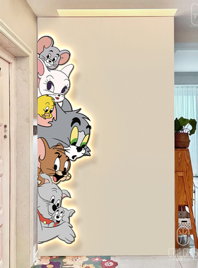 玄关装饰画猫和老鼠儿童房卧室背景墙挂画可爱卡通发光氛围壁灯画