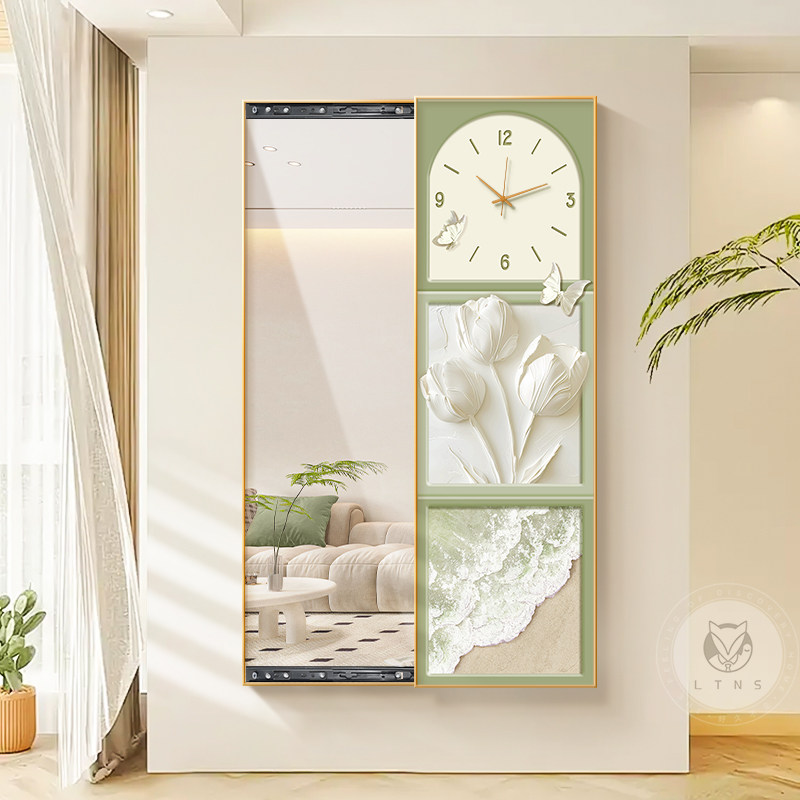 奶油风隐形推拉全身镜装饰画玄关可隐藏关闭试衣镜带钟表镜子壁画