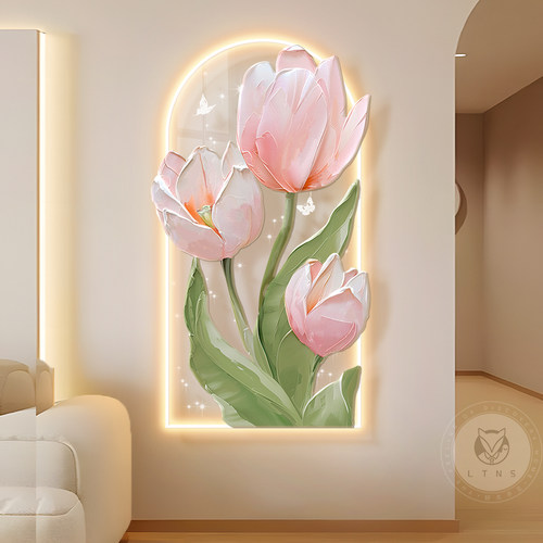 奶油风玄关装饰画抽象花卉沙发背景墙发光灯画高级感走廊过道挂画