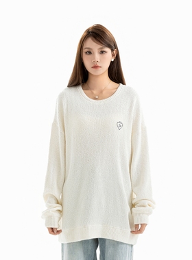 DRINTO黑桃纹理刺绣基础长袖毛衣学院风宽松针织衫圆领套头