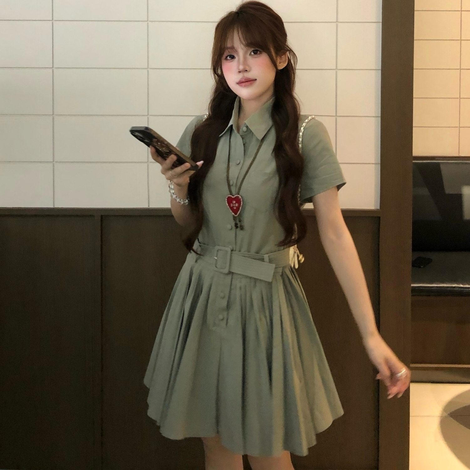 DRINTO新款复古工装polo领裙夏款收腰韩显瘦衬衫连衣裙女ins风