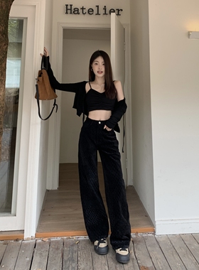 DRINTO显瘦复古棋盘格水洗轻奢牛仔长裤高街头风休闲百搭宽松学院