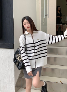 [品质体验装]DRINTO条纹短款立领拉链毛衣外套女宽松针织开衫