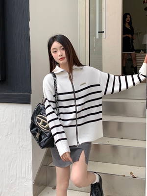 drinto拉链立领针织开衫