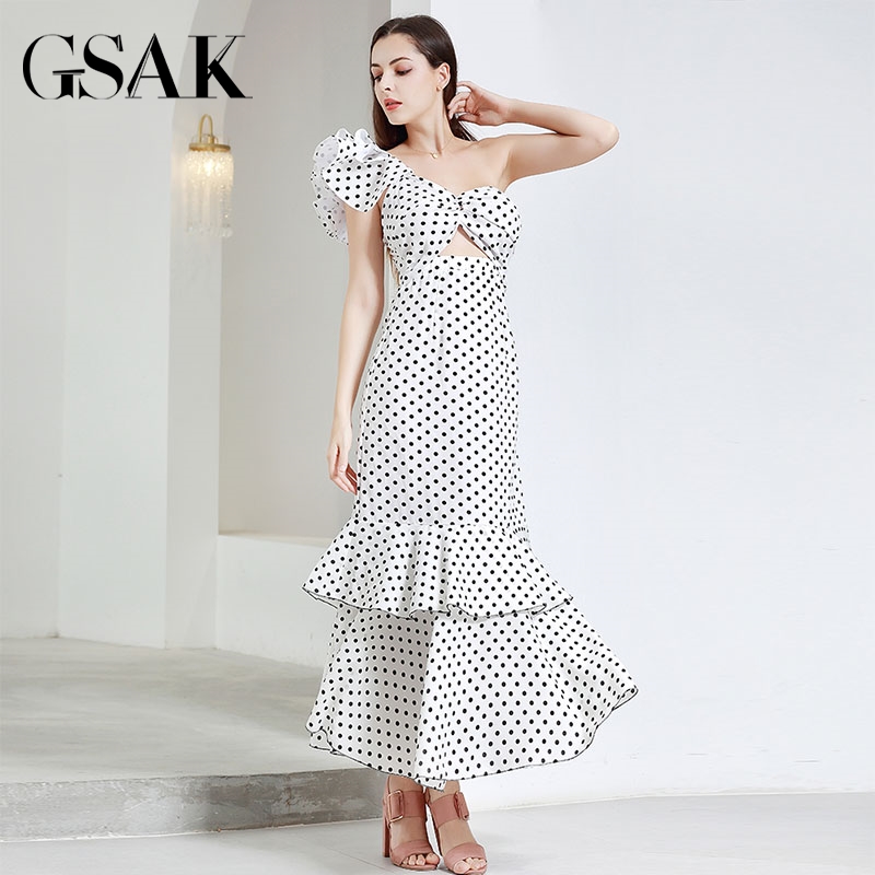 高贵大气名媛单肩白色波点晚礼服