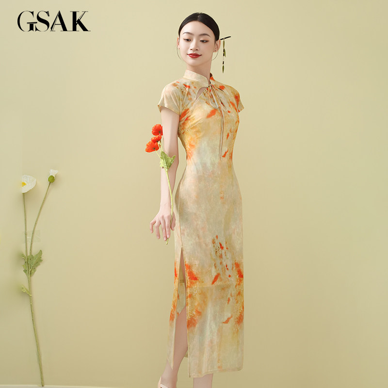 GSAK新中式复古印花改良旗袍镂空绑带立领双开衩性感显瘦连衣裙女