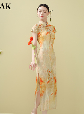 GSAK新中式复古印花改良旗袍镂空绑带立领双开衩性感显瘦连衣裙女