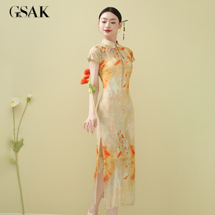 GSAK新中式 复古印花改良旗袍镂空绑带立领双开衩性感显瘦连衣裙女